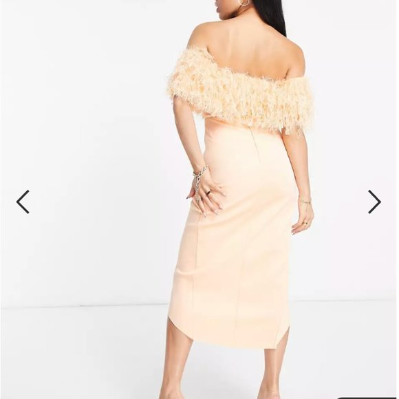 ASOS DESIGN off shoulder pencil wrap tuck feather midi dress in peach - M/Size 8 - Picture 2 of 5